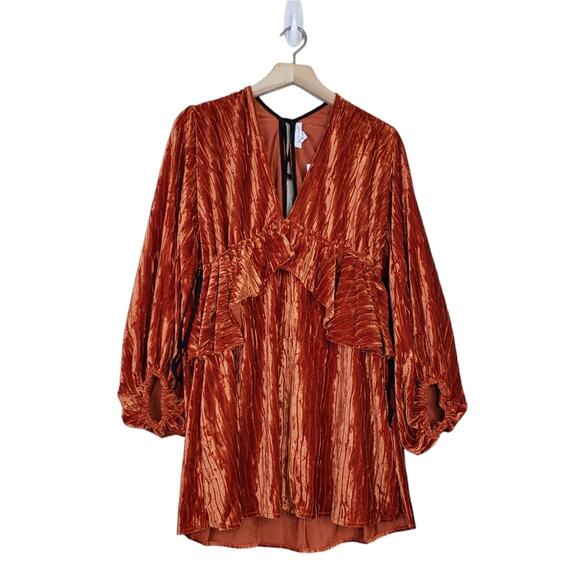 TOPSHOP Womens 6 Balloon Sleeve Velvet Minidress in Orange NEW Fits like 2-4 - Picture 1 of 15